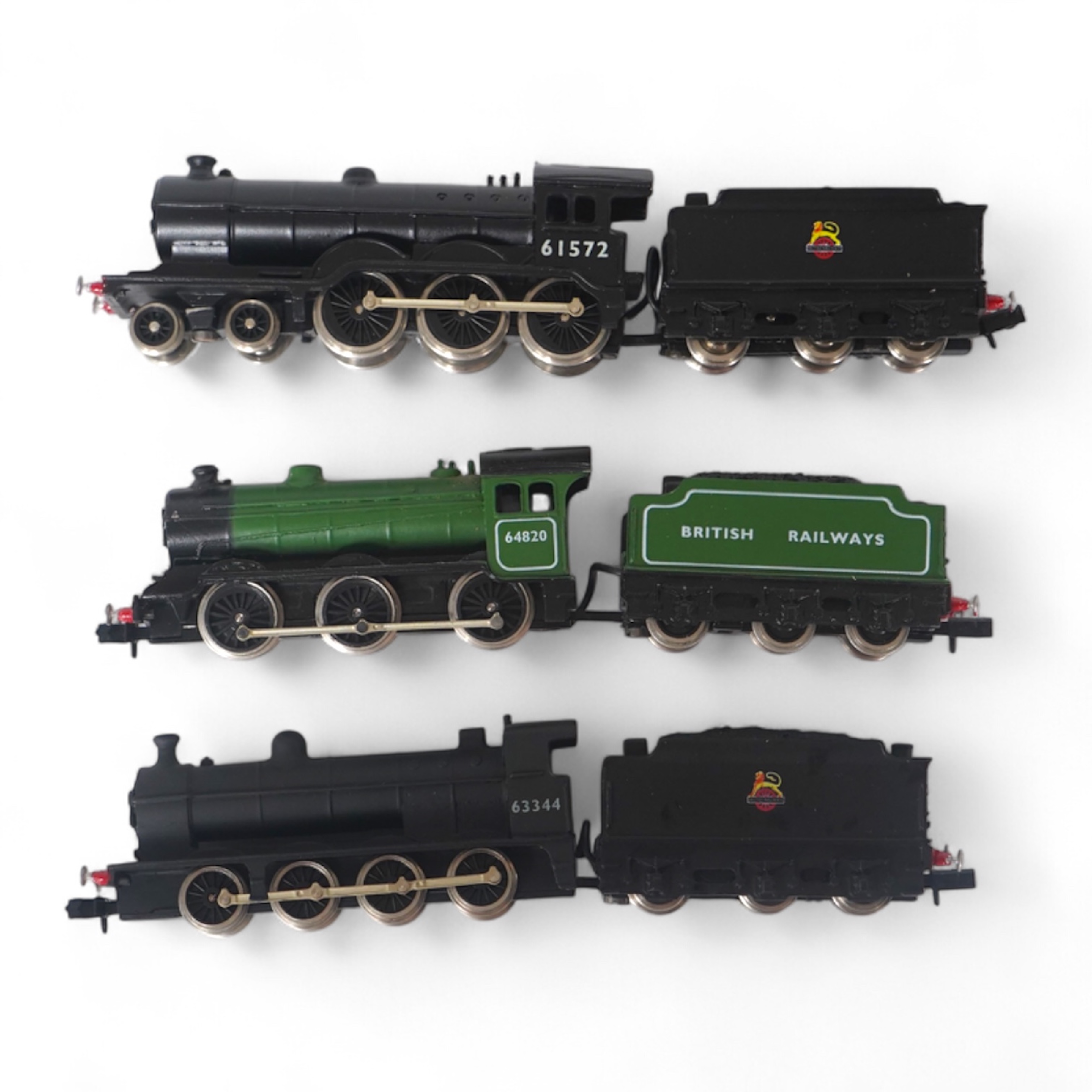 Three boxed Union Mills Models N gauge railway BR locomotives; a Class B12/3, 61572, a Class J39, 64820, and a Class Q2, 63344. Condition - good.